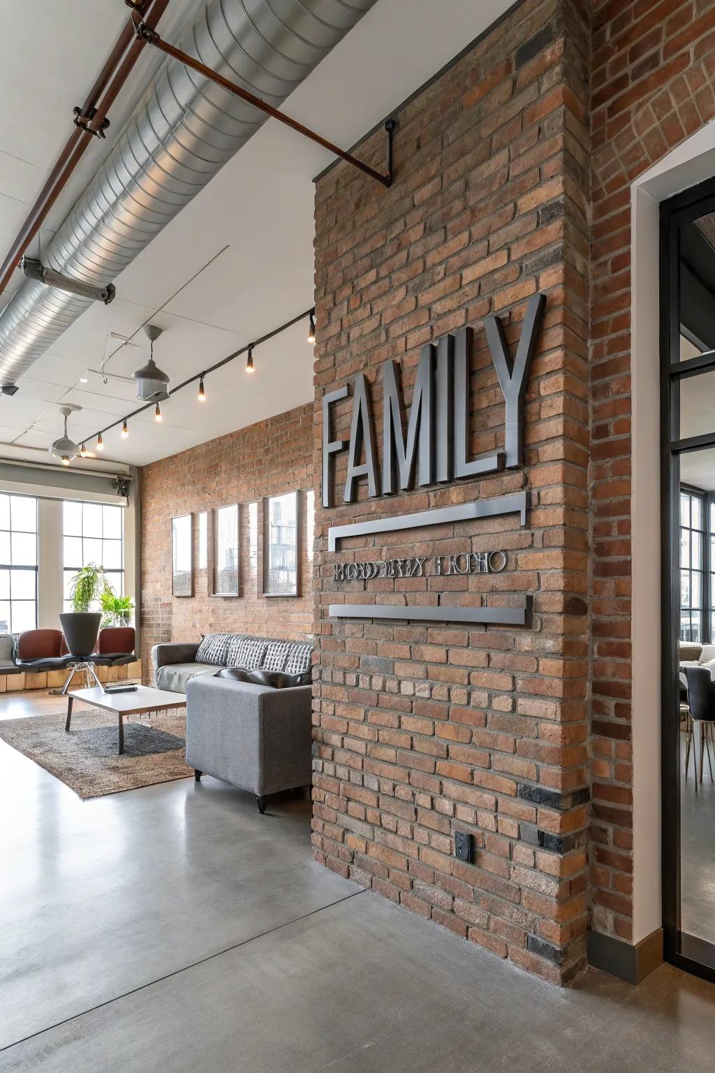 A metallic family name display contributes audacity to a loft-inspired chamber.