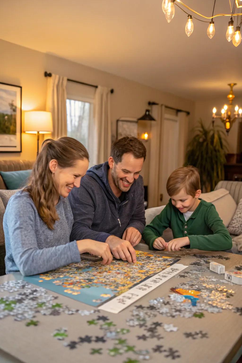 An absorbing puzzle assembly uniting the family.