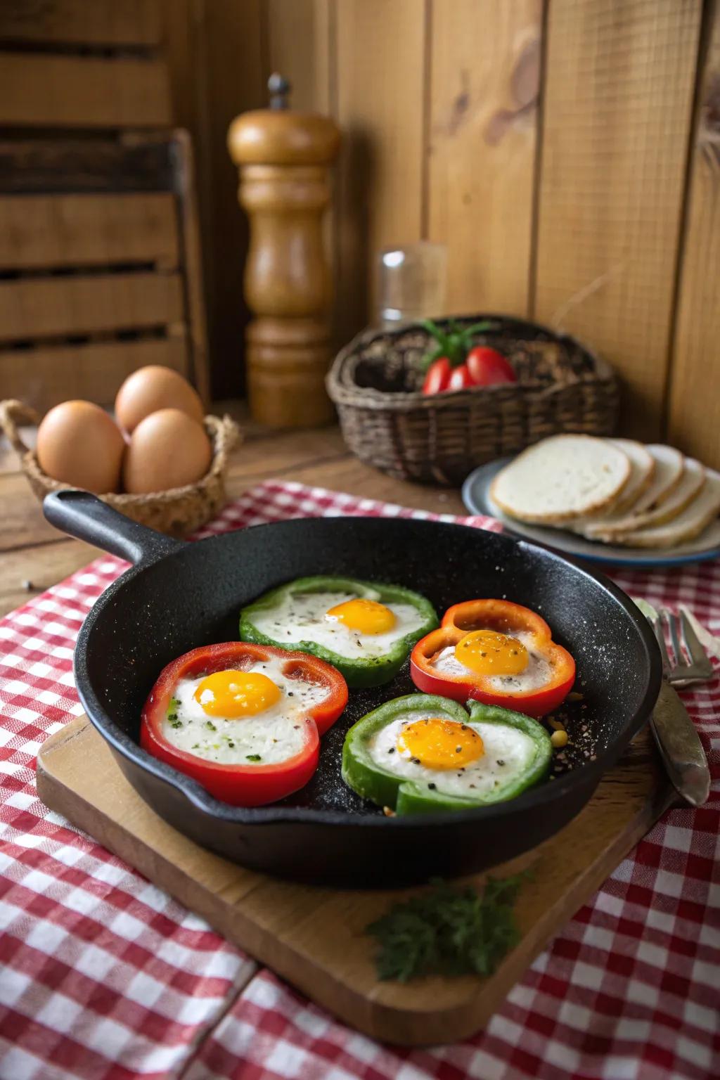 Eggs enclosed in pepper rings deliver a vibrant and healthful option.