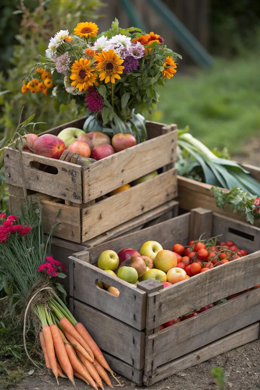 Vintage cartons packed with produce fashion an abundant centerpiece.