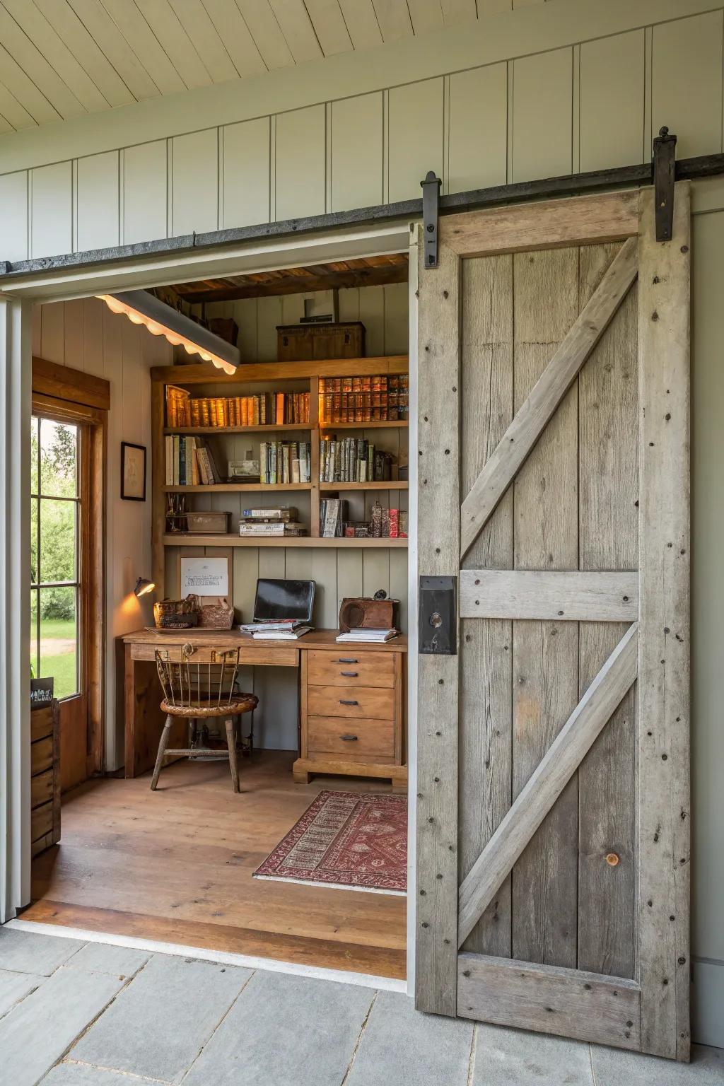 A barn-style sliding door that adds rustic charm.