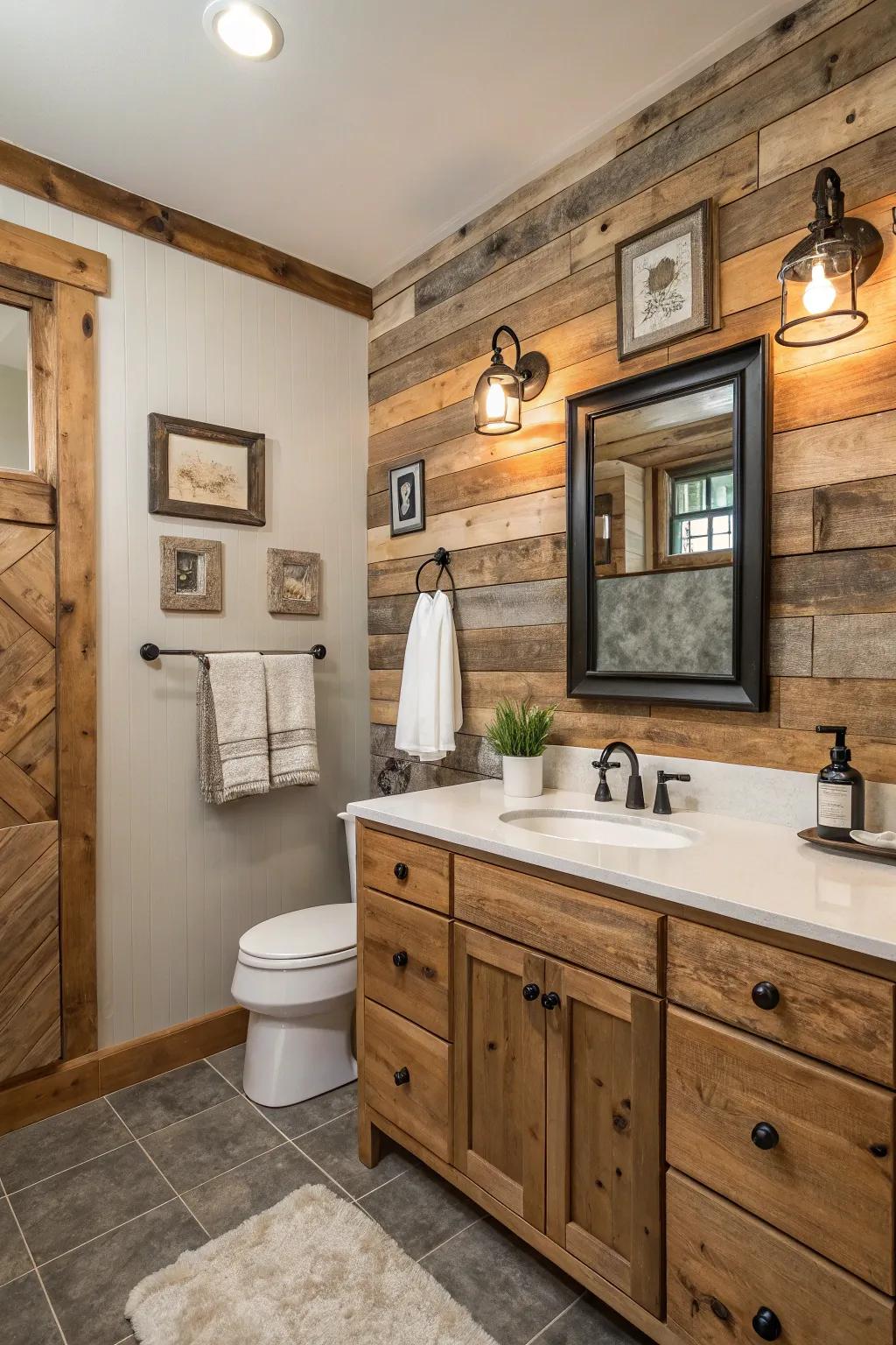 A highlight wall adds personality and distinctiveness to a farmhouse bathroom.