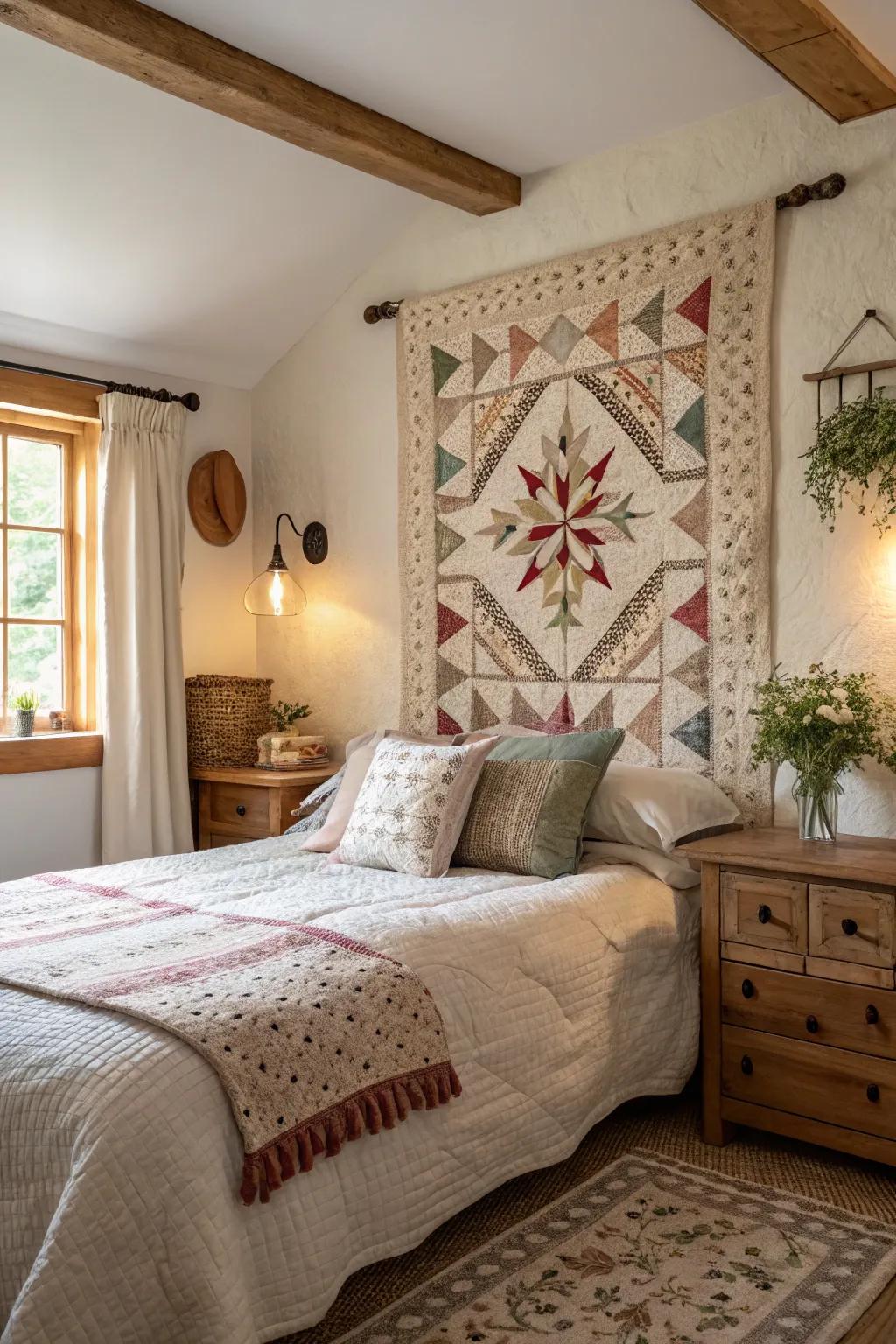 Quilted wall hangings add plush texture.
