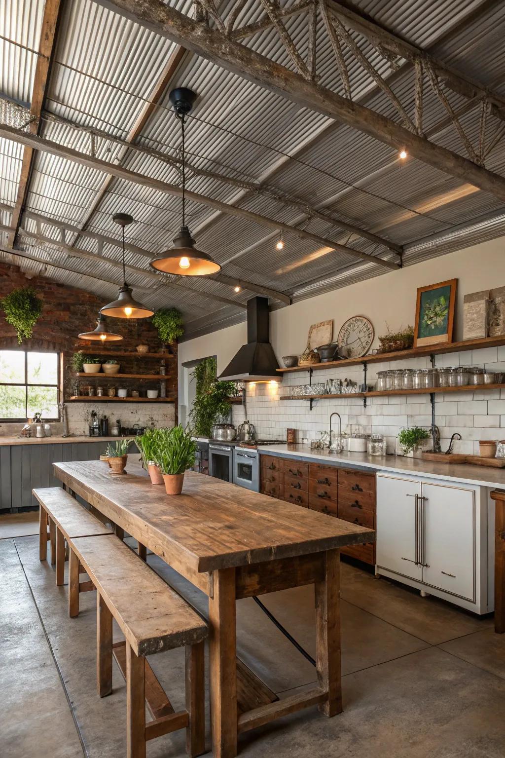 Metal accents inject an unanticipated twist into this farmhouse kitchen ceiling.