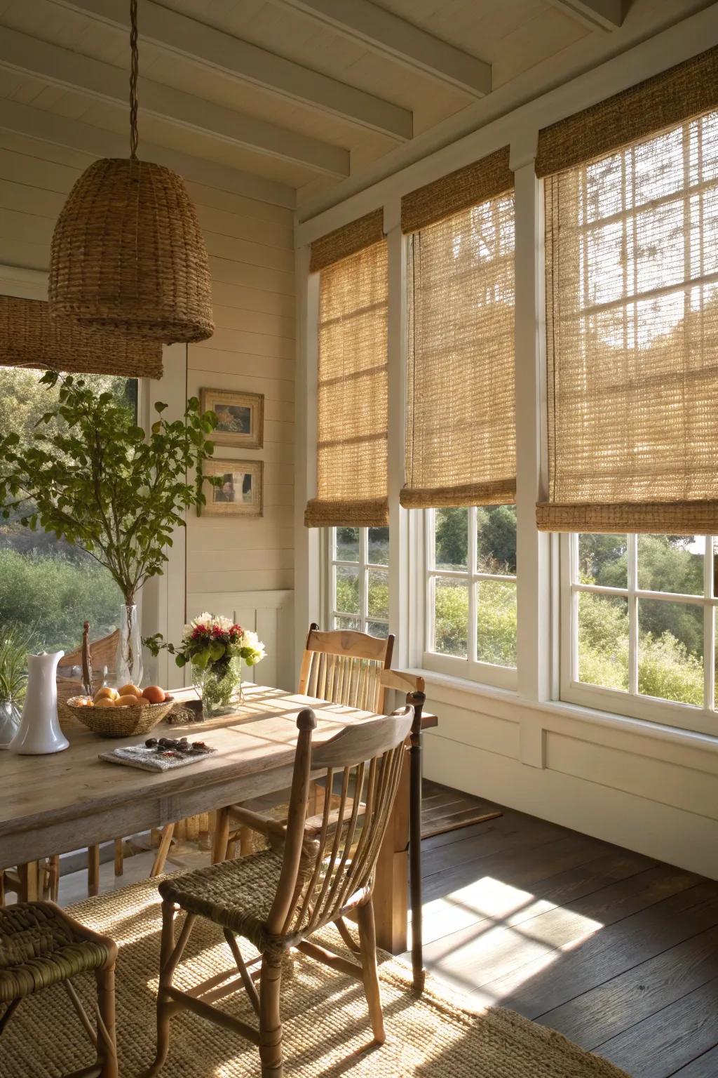 Woven wood screens providing texture and warmth in a sunlit farmhouse dining space.
