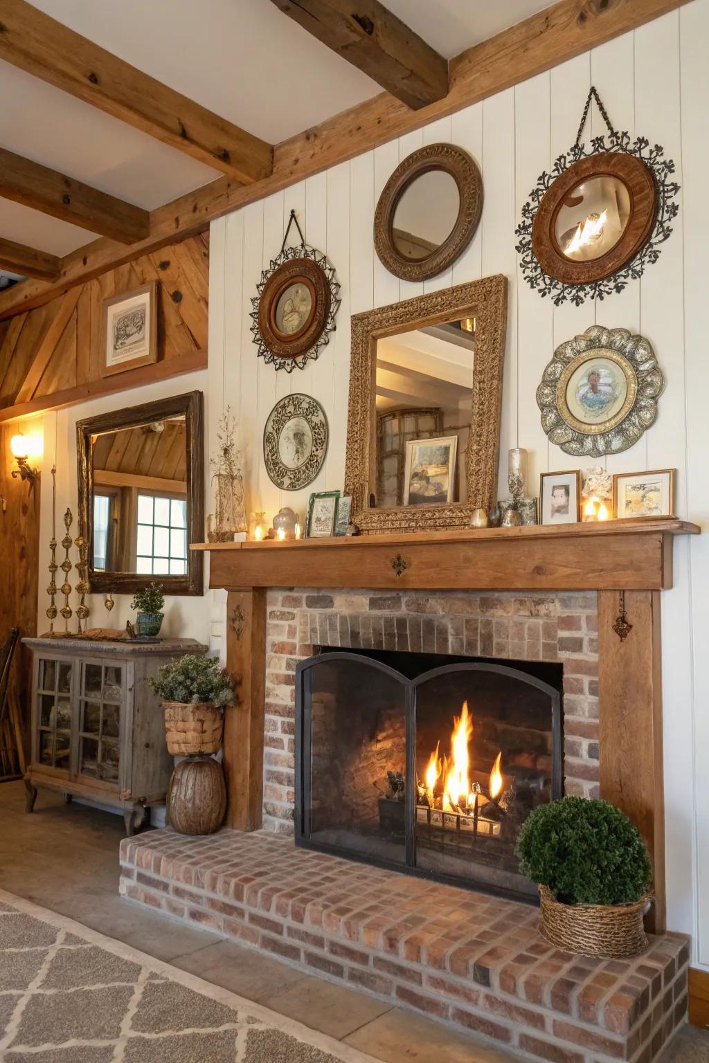 Decorative accents enhancing a farmhouse fireplace.