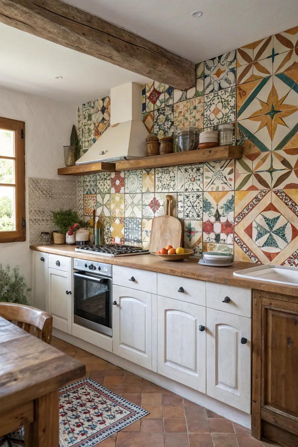 A farmhouse cooking area with geometric patterned tiles creating a modern vibe.