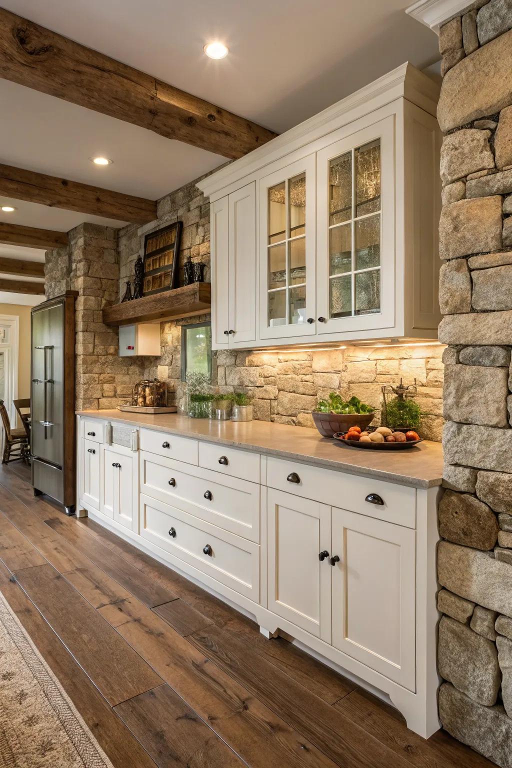 Earth stone adds an earthy grace to this farmhouse kitchen featuring ivory cabinets.