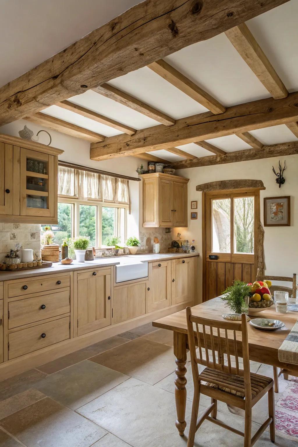 Rustic supports enhance the country-style ambiance of a cooking space featuring pale timber cabinetry.