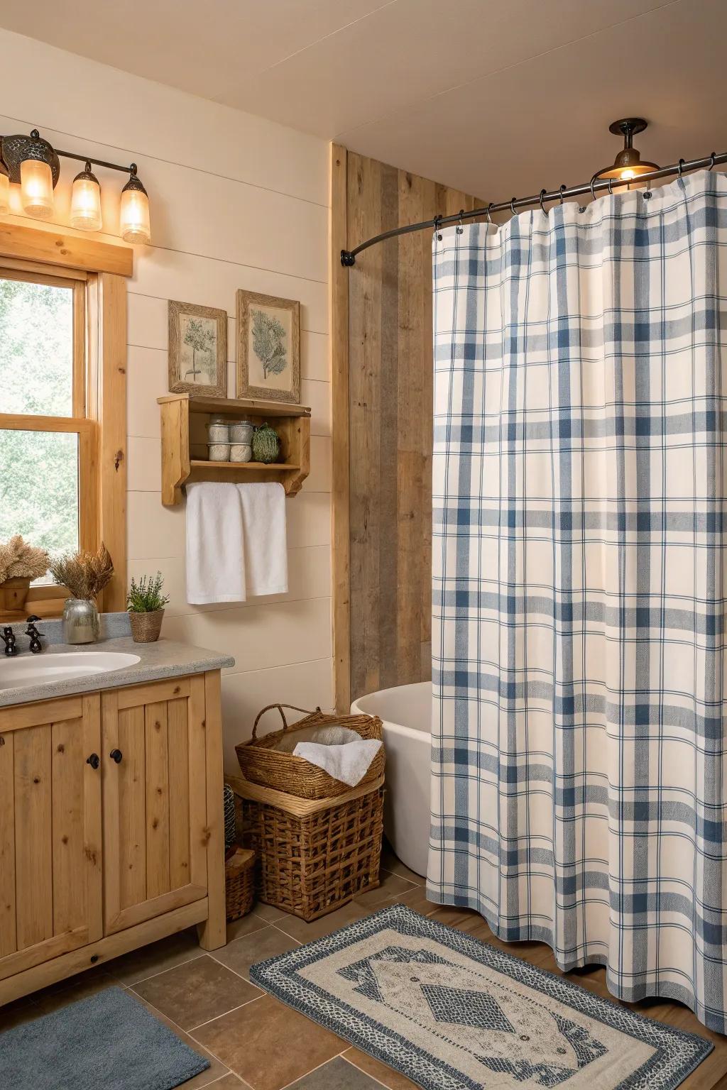 A bathroom with a country plaid shower drape creating a cozy ambience.