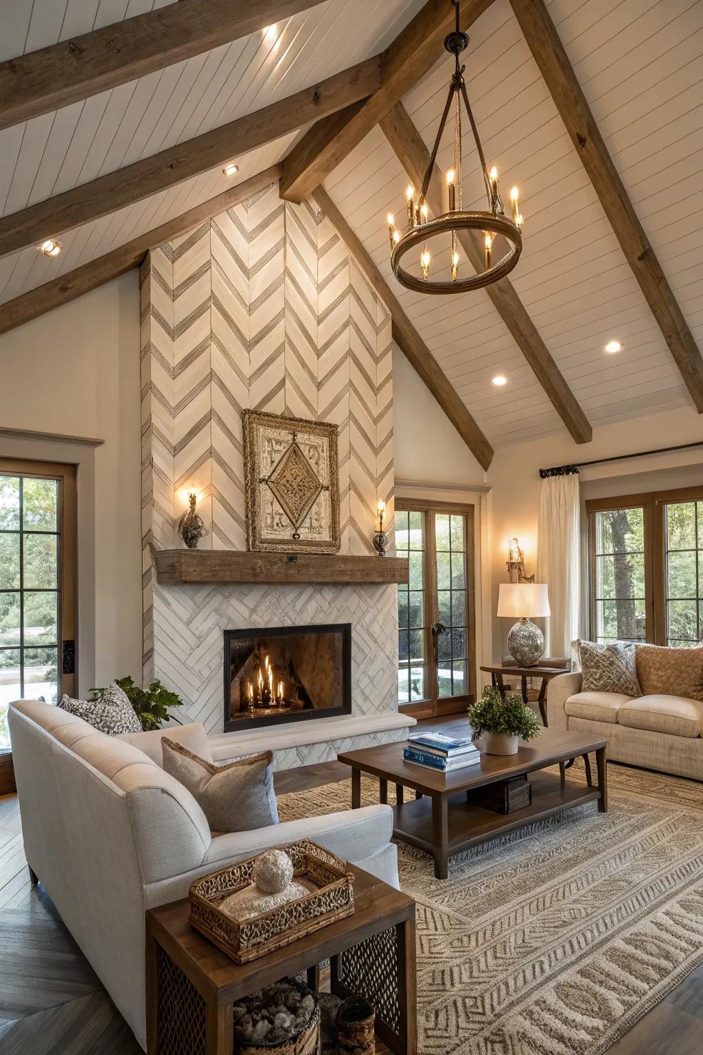 A herringbone-patterned fireplace injects sophistication into a living space.