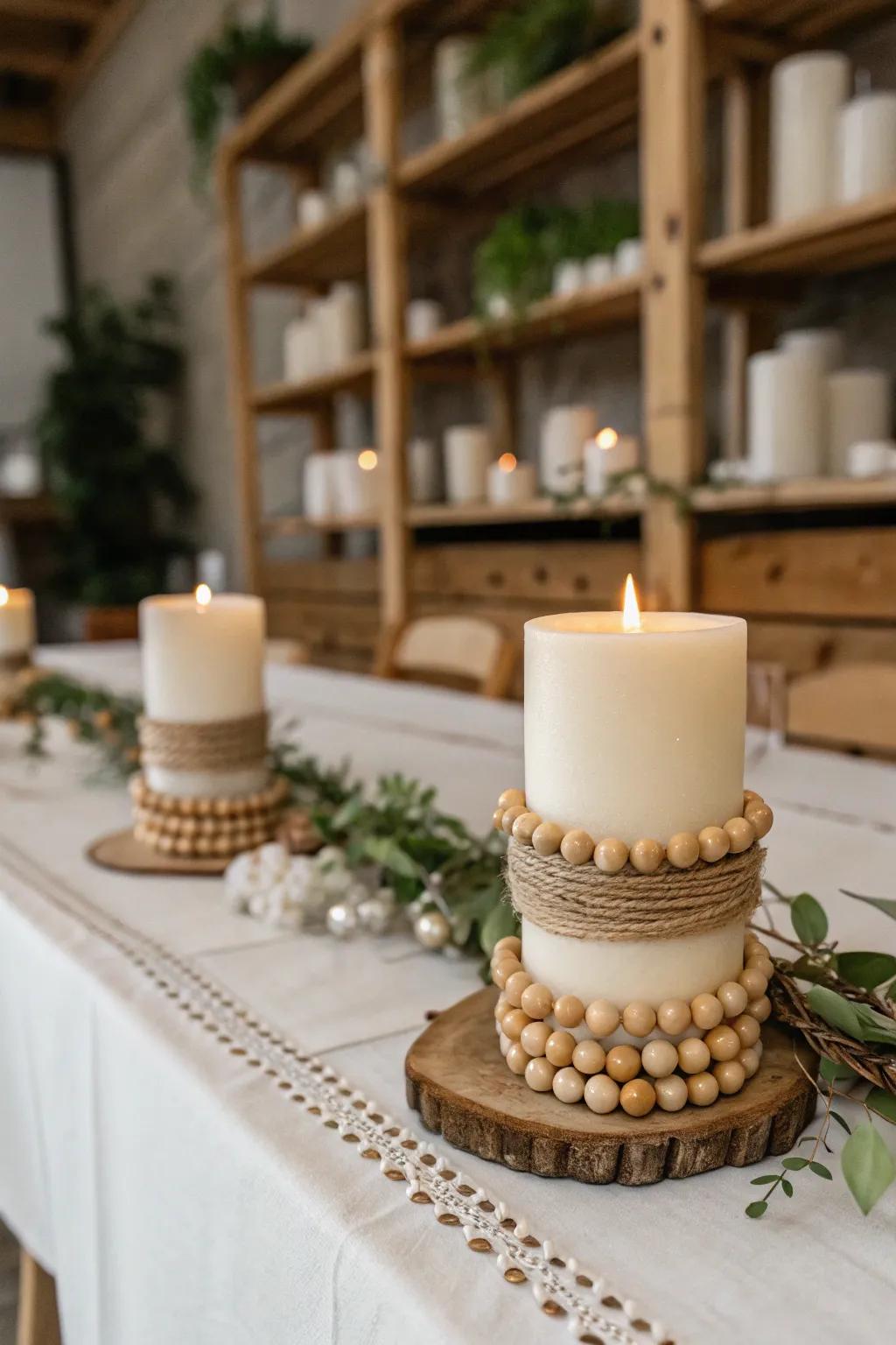 Lights adorned with timber-sphere strand, creating a warm ambiance.