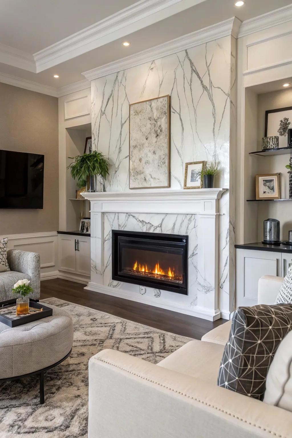 An artificial fireplace exuding elegance using a chic stone style.