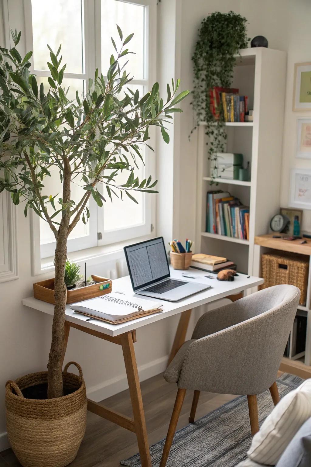 Refresh your home office using a faux olive tree.