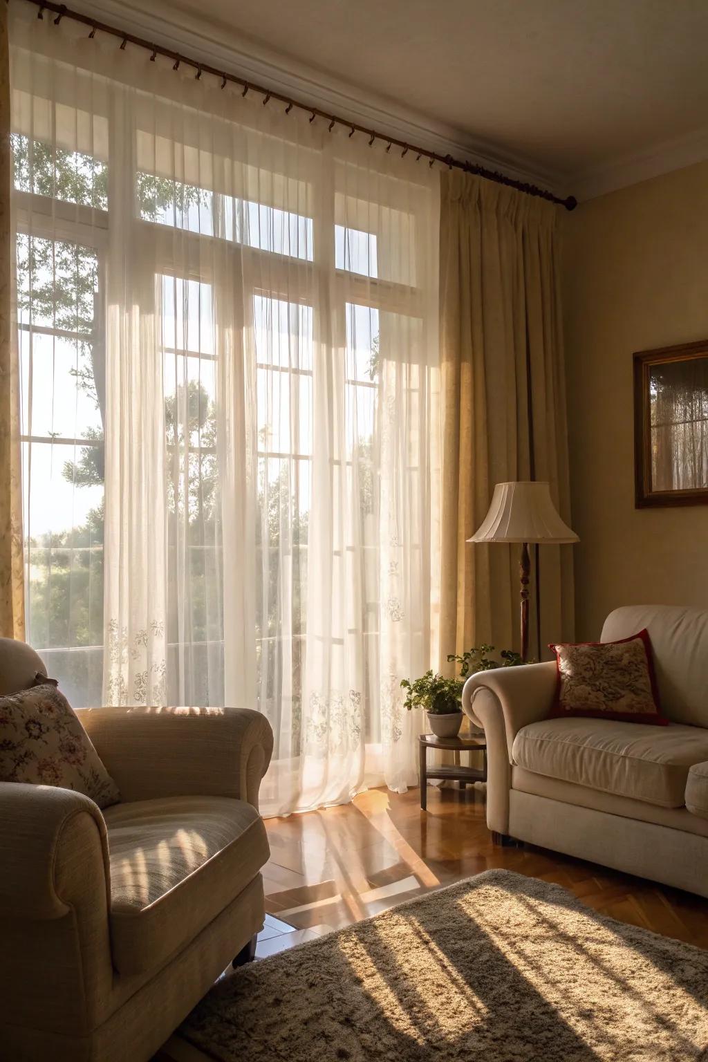 A living area brightened by lightweight window coverings and inherent illumination.
