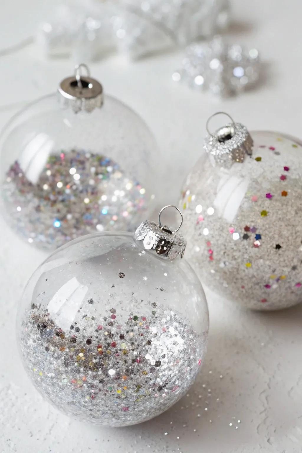 Sparkling ornaments featuring shimmer dust and paillettes.