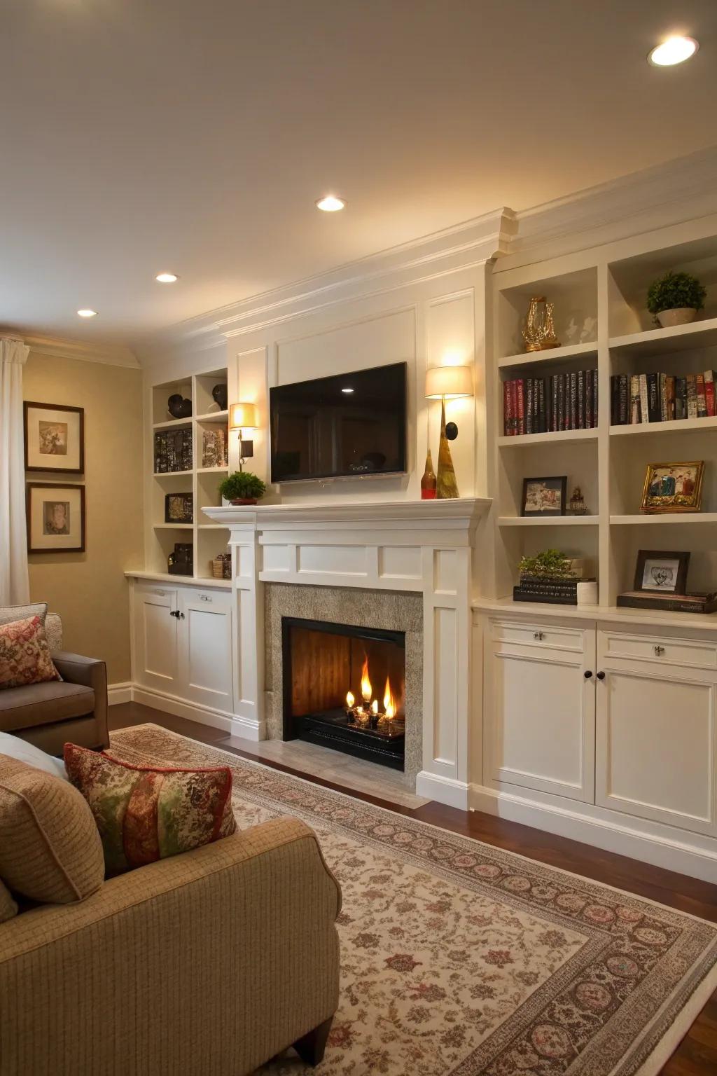 A living space with a fireplace nook ingeniously fashioned with concealed storage.