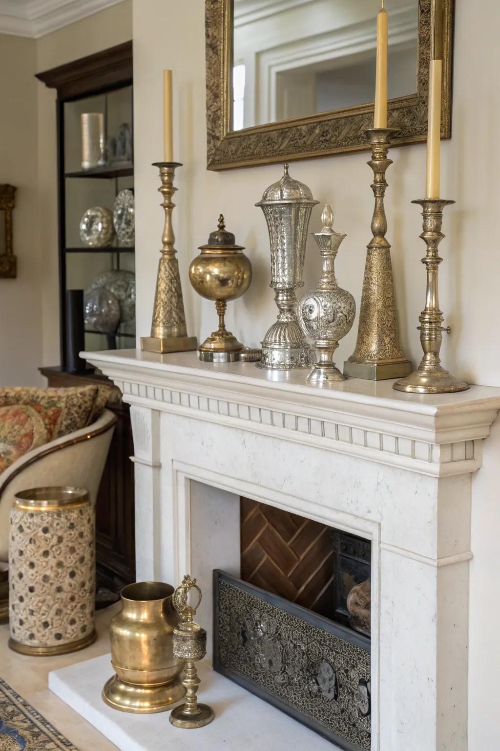 A mantel featuring mixed metals that adds sophistication.