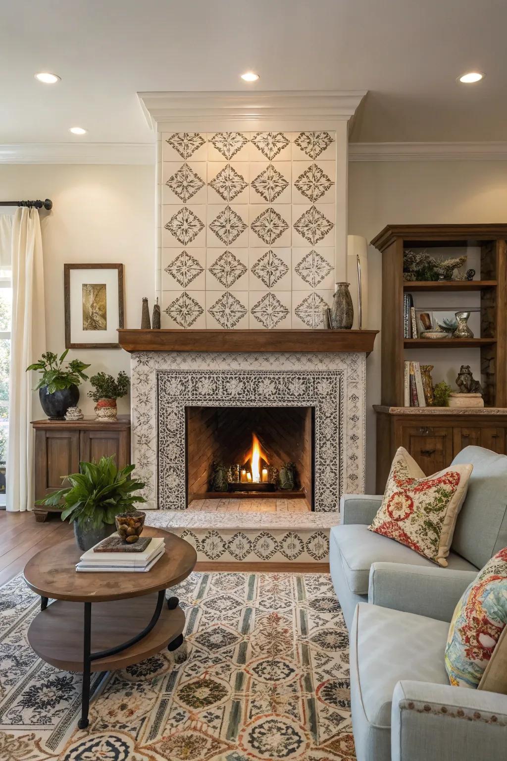 Symmetrical cladding provides a harmonious focal point on this fireplace.