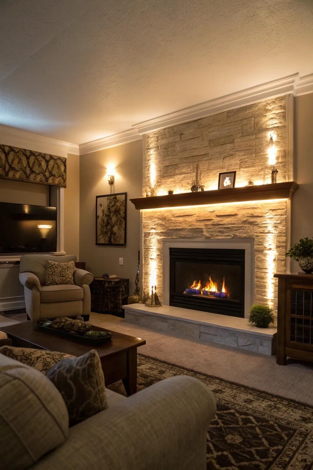 Vibrant LED illumination introduces environment to this fireplace design.