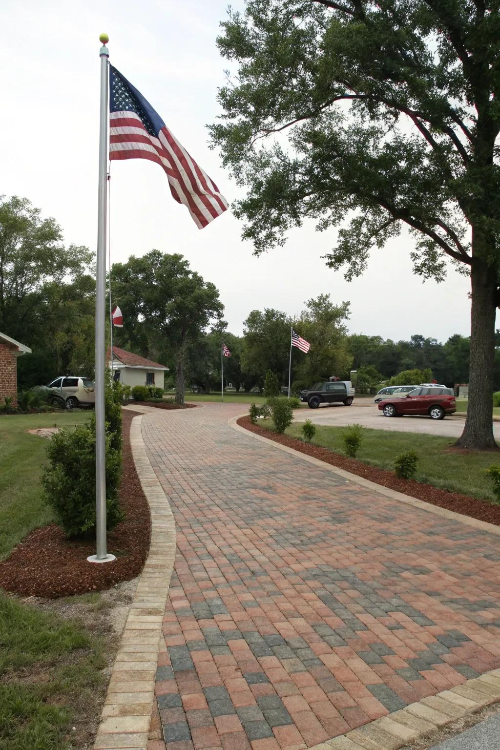 A rear lot access road creatively constructed with reclaimed bricks and pavers.