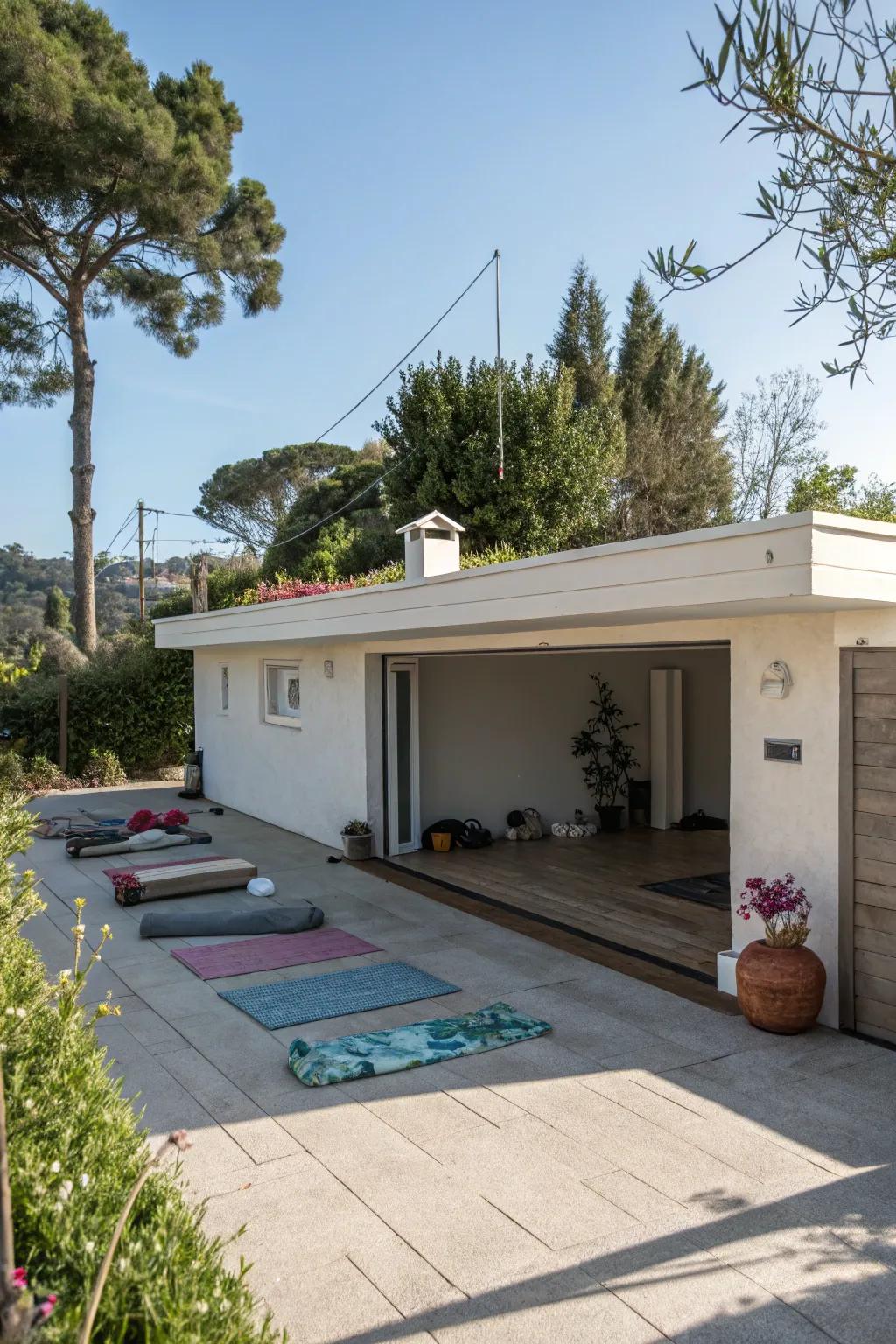 A rooftop yoga deck on a flat roof garage offers a peaceful refuge.