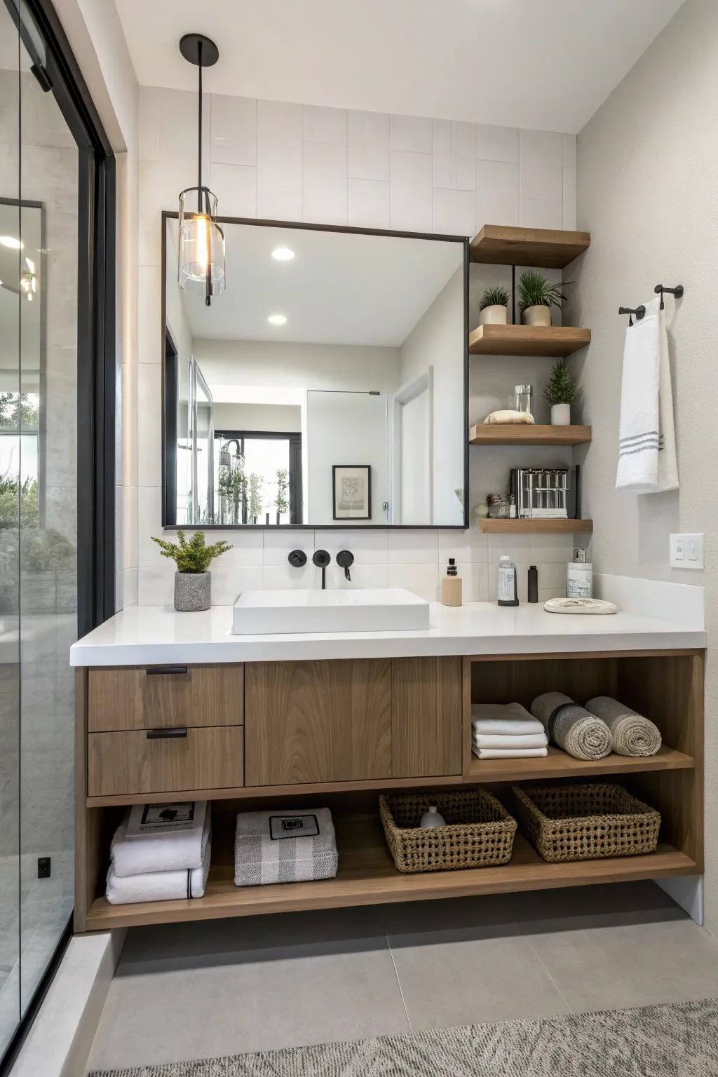 A bathroom presenting a floating vanity including open shelving to achieve a modern and functional appearance.