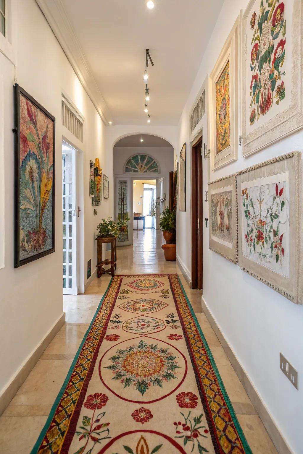 Hand-painted textiles transform floors into canvases for artistic expression.