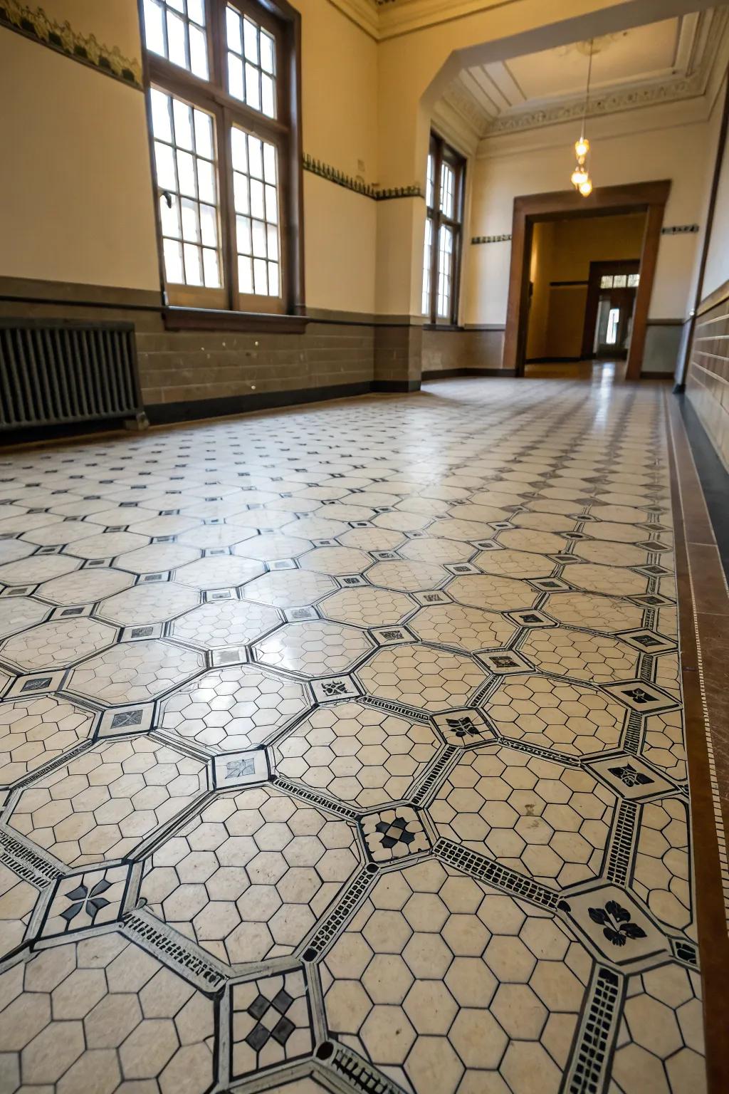 Hexagonal tiles bring modern playfulness to floor designs.