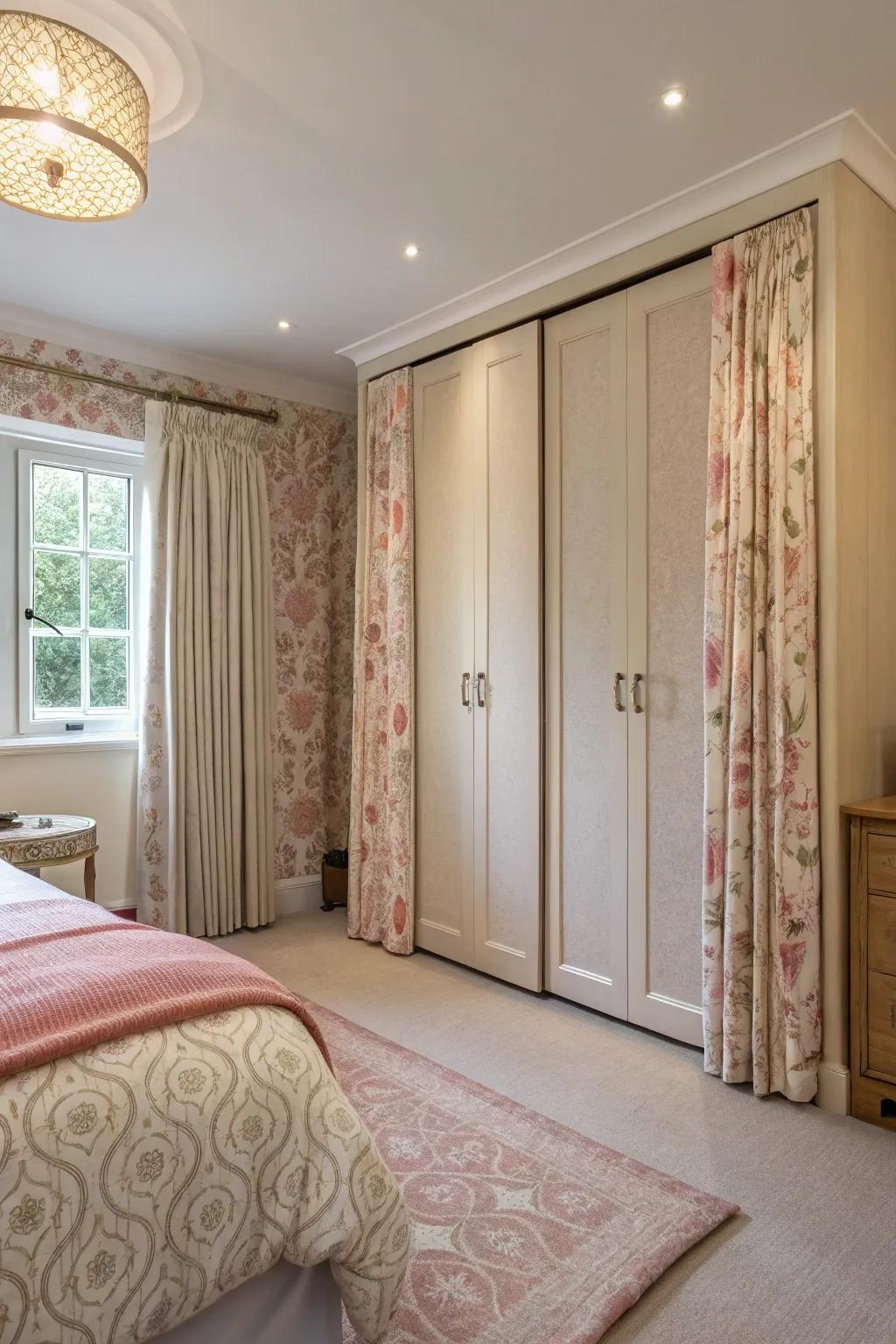 Fabric-wrapped doors introduce warmth and softness.