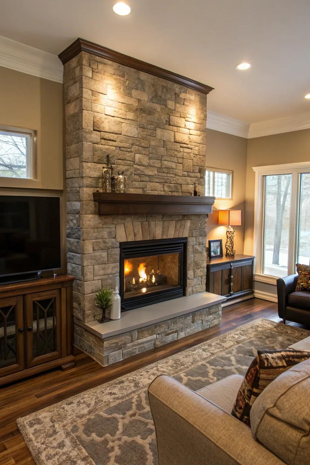 A transitional living room with a blend of modern and traditional fireplace elements.