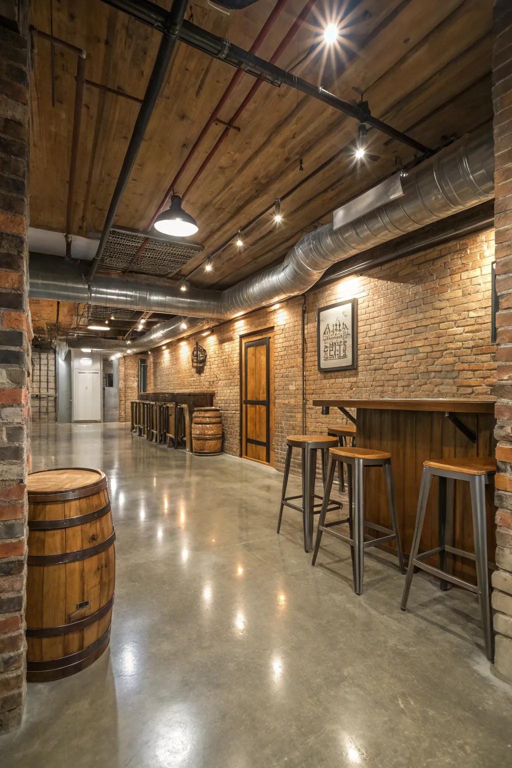Polished concrete floors establish a rustic industrial ambiance.