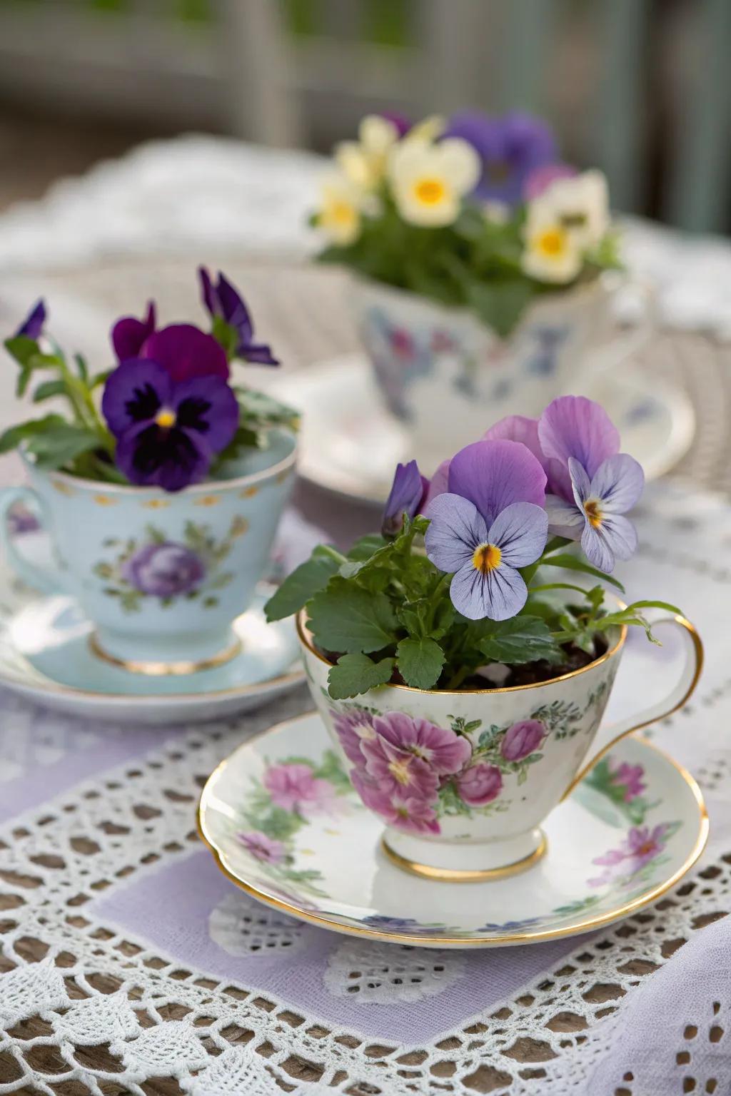 Charming teacup floral arrangements.