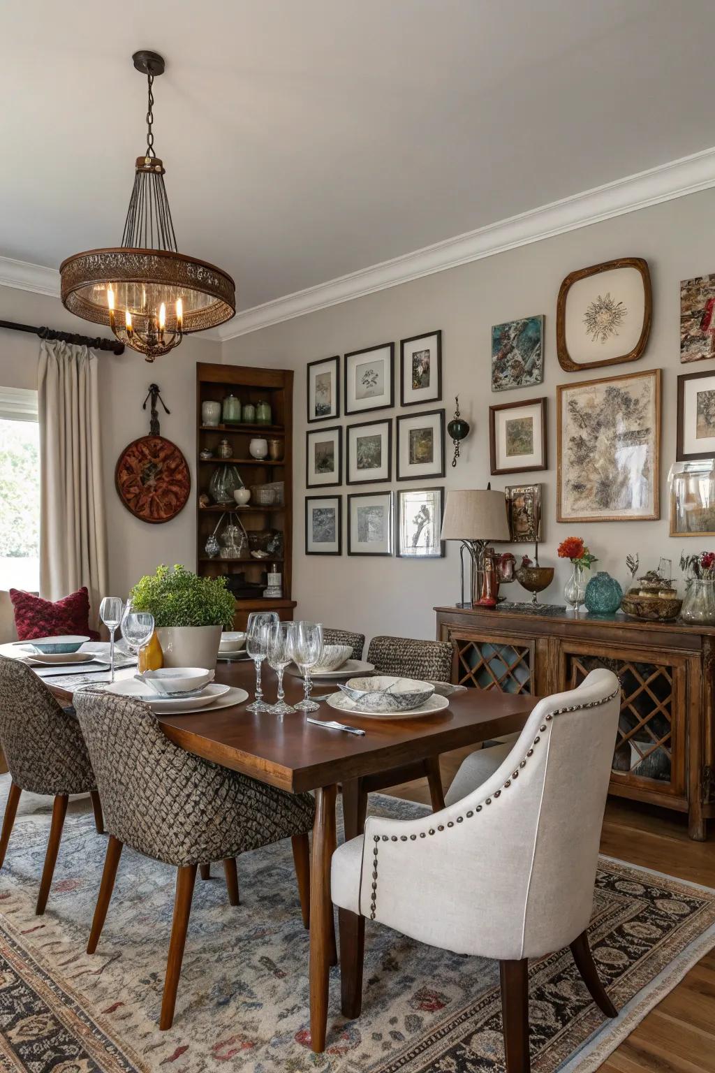 The dining space becomes full of personality when different styles are combined.