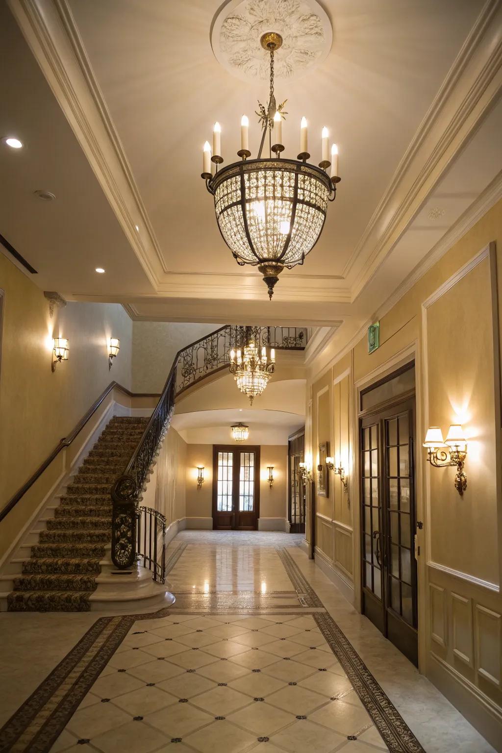 Layered lighting with complementary fixtures improves this entrance hall's warmth.