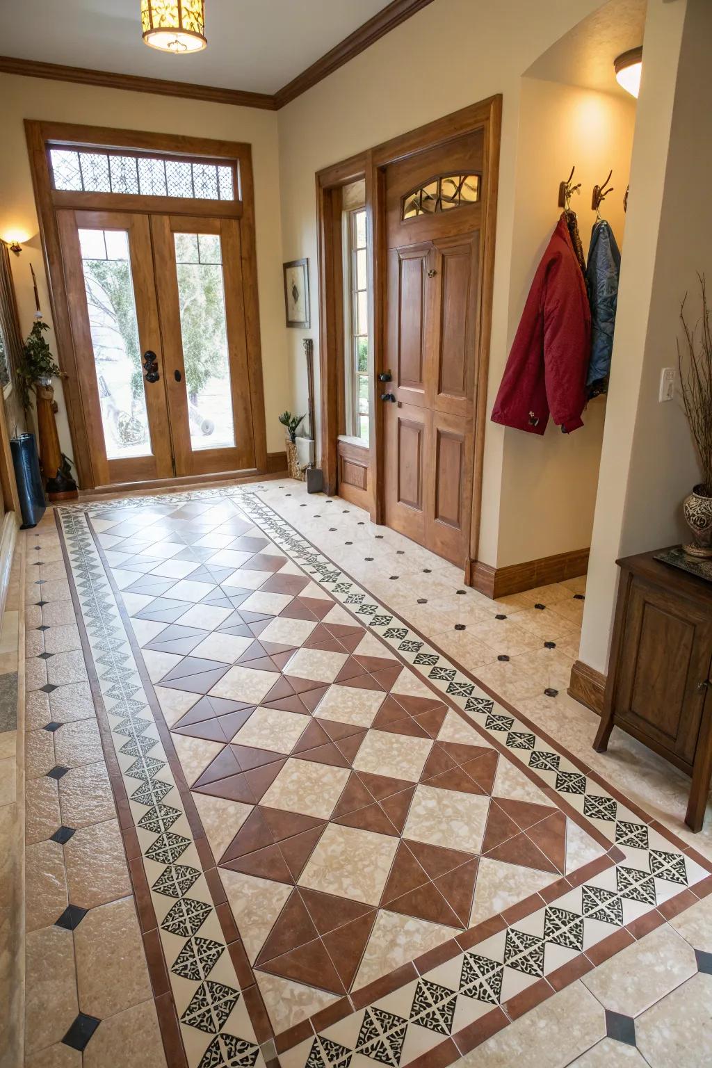 Two-tone tiles fashion an intriguing and stylish foyer floor.