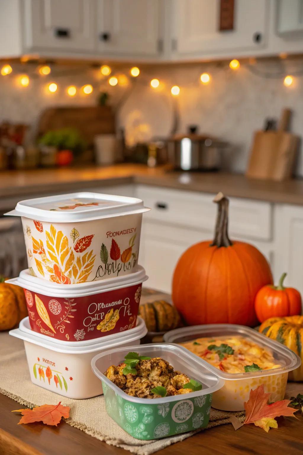 Festive containers ready for guests to take home leftovers.