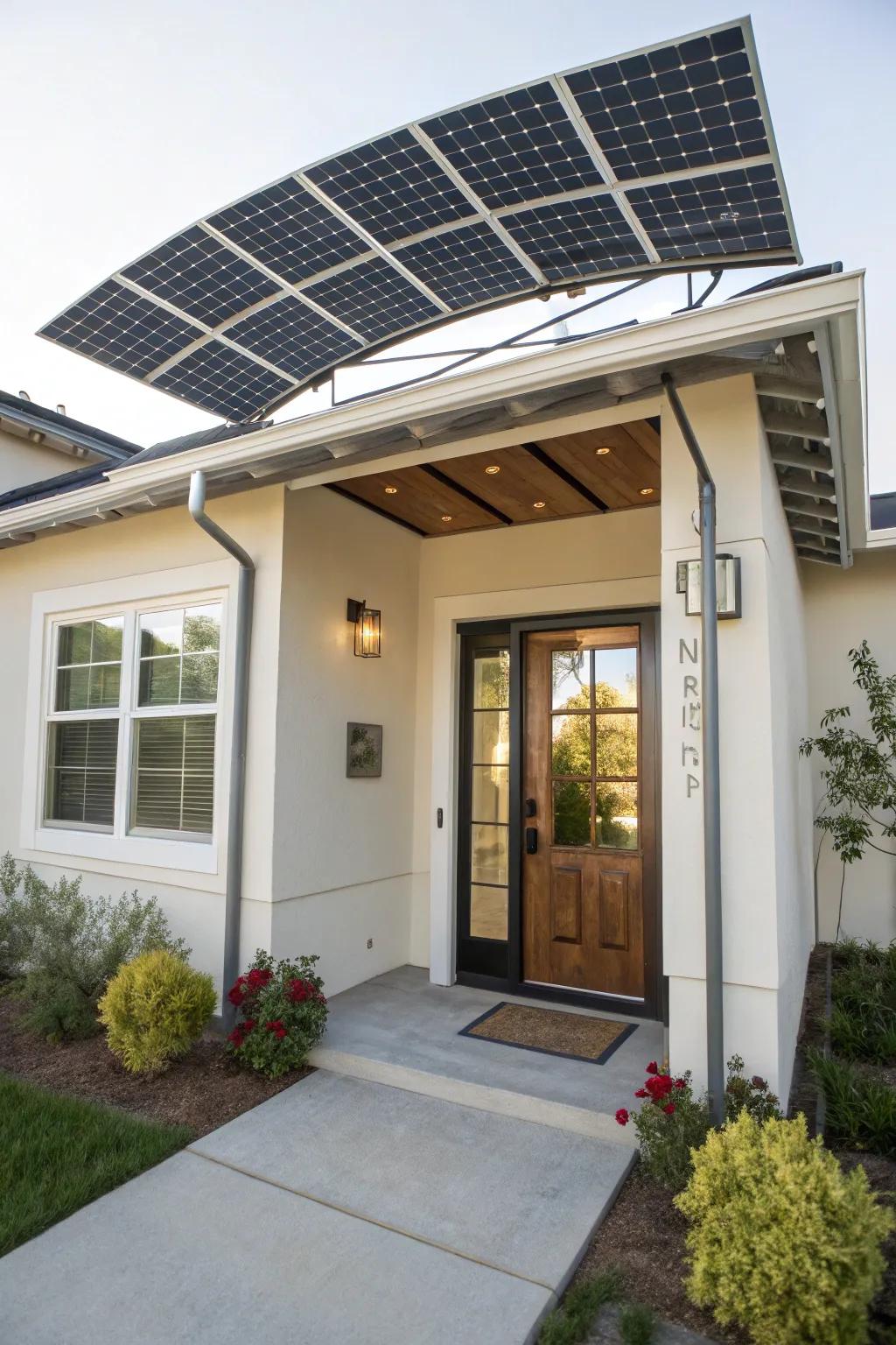 Solar panel awnings exhibit energy efficiency.