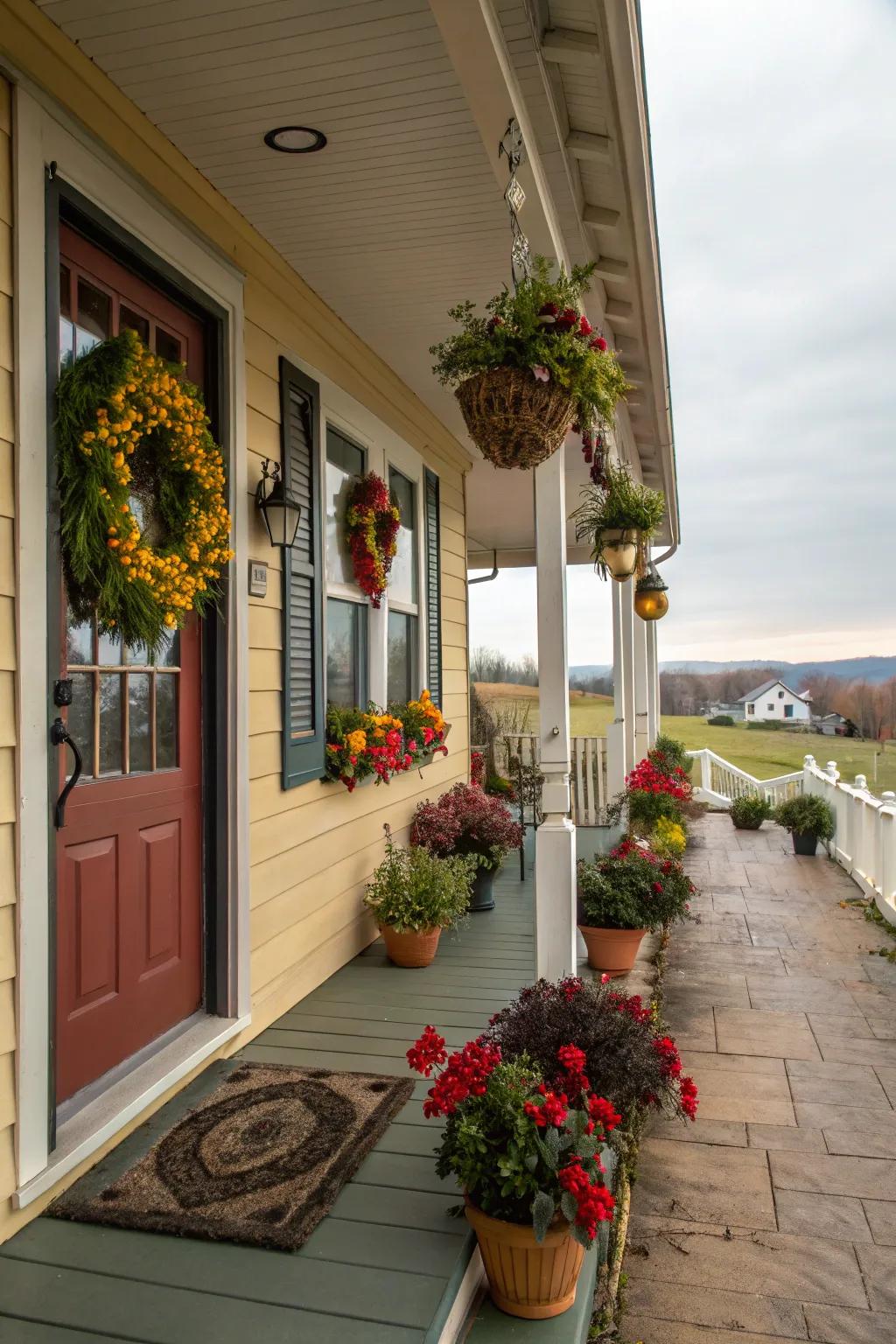 A front veranda showcasing vibrant seasonal décor.