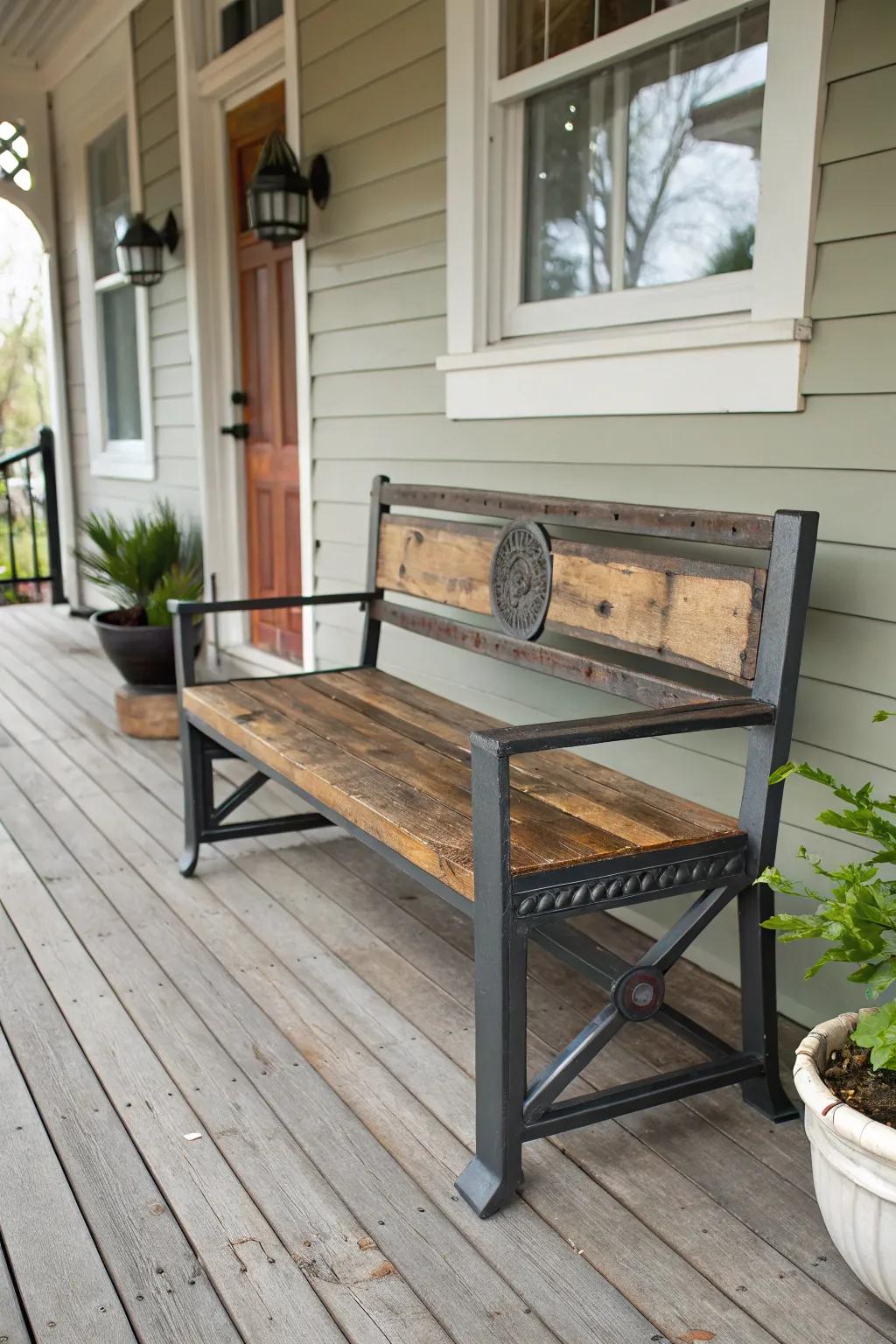 An industrial chic bench combines metal and wood for a contemporary style.