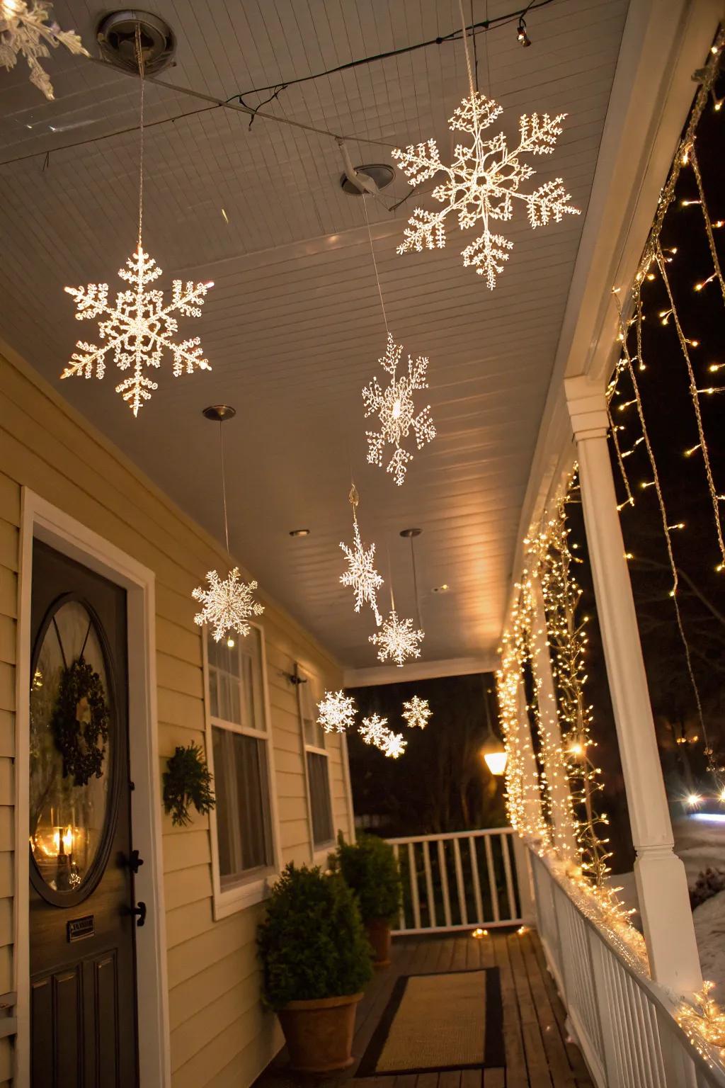 Snow crystal ornaments transform your porch into a winter wonderland.