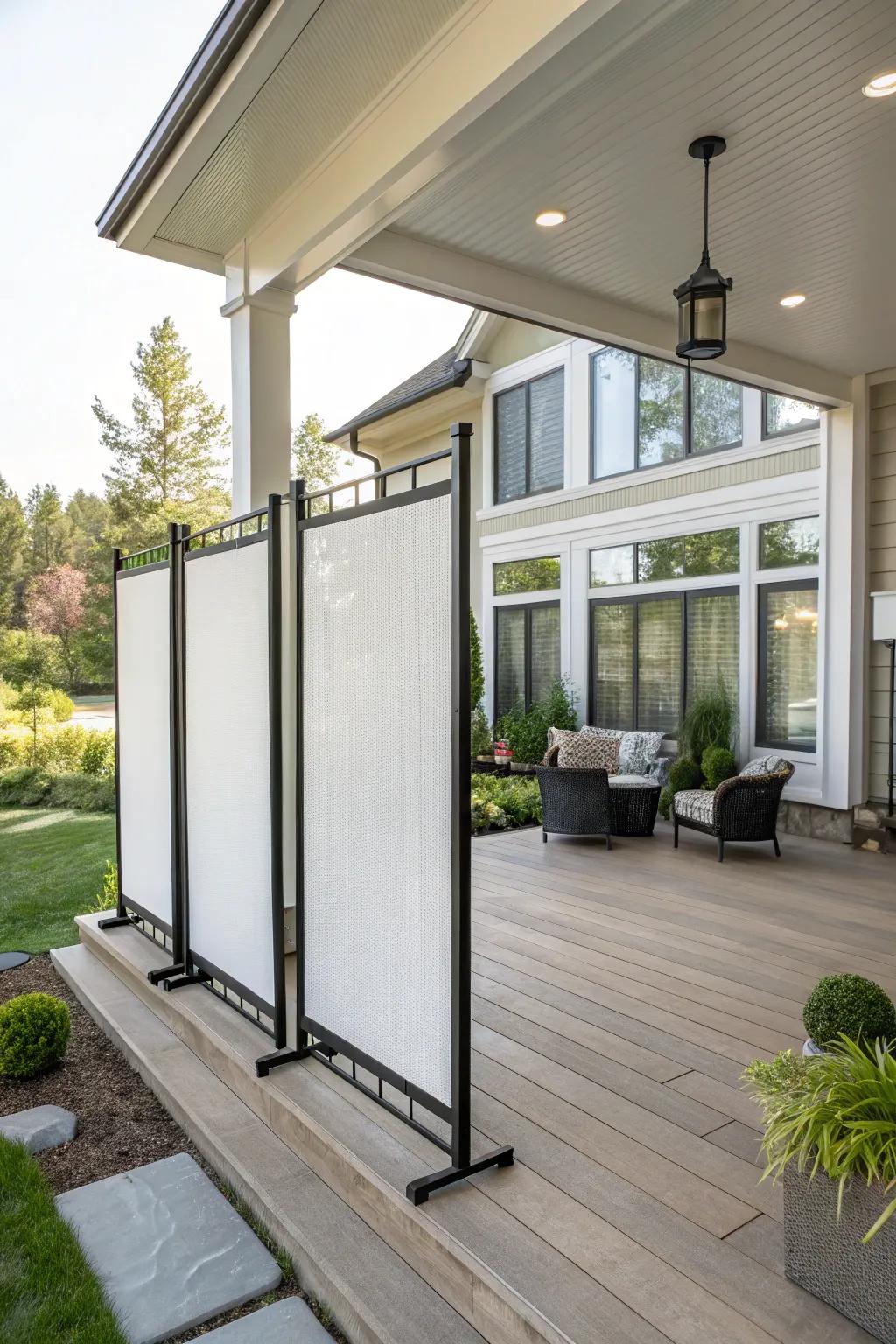 Adaptable privacy featuring relocatable screens that accommodate flexible spaces.