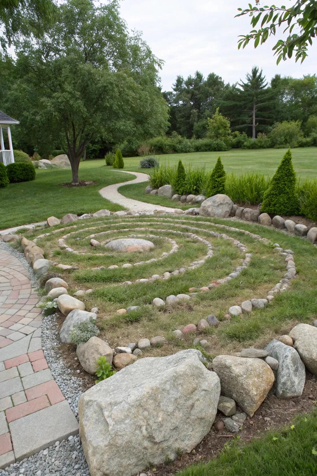 A stone maze providing a playful and reflective element in a garden.