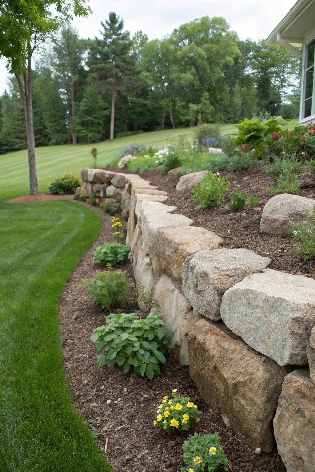 Stones stack up to make a stunning natural retaining wall.