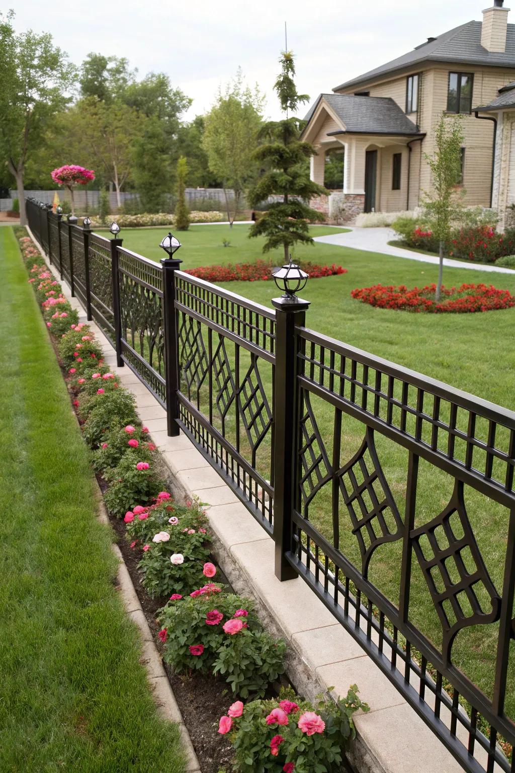 A decorative metal fence with geometric patterns adding a modern touch.