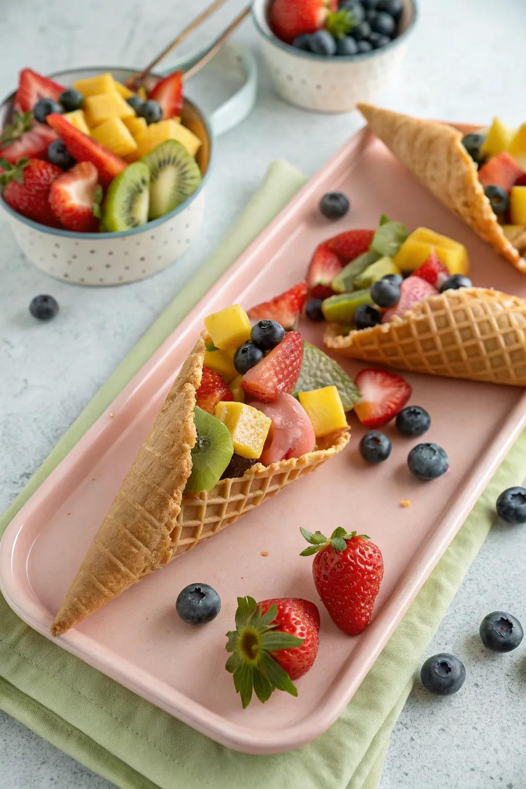 Fruit cones offer a fun and easy-to-handle serving option.