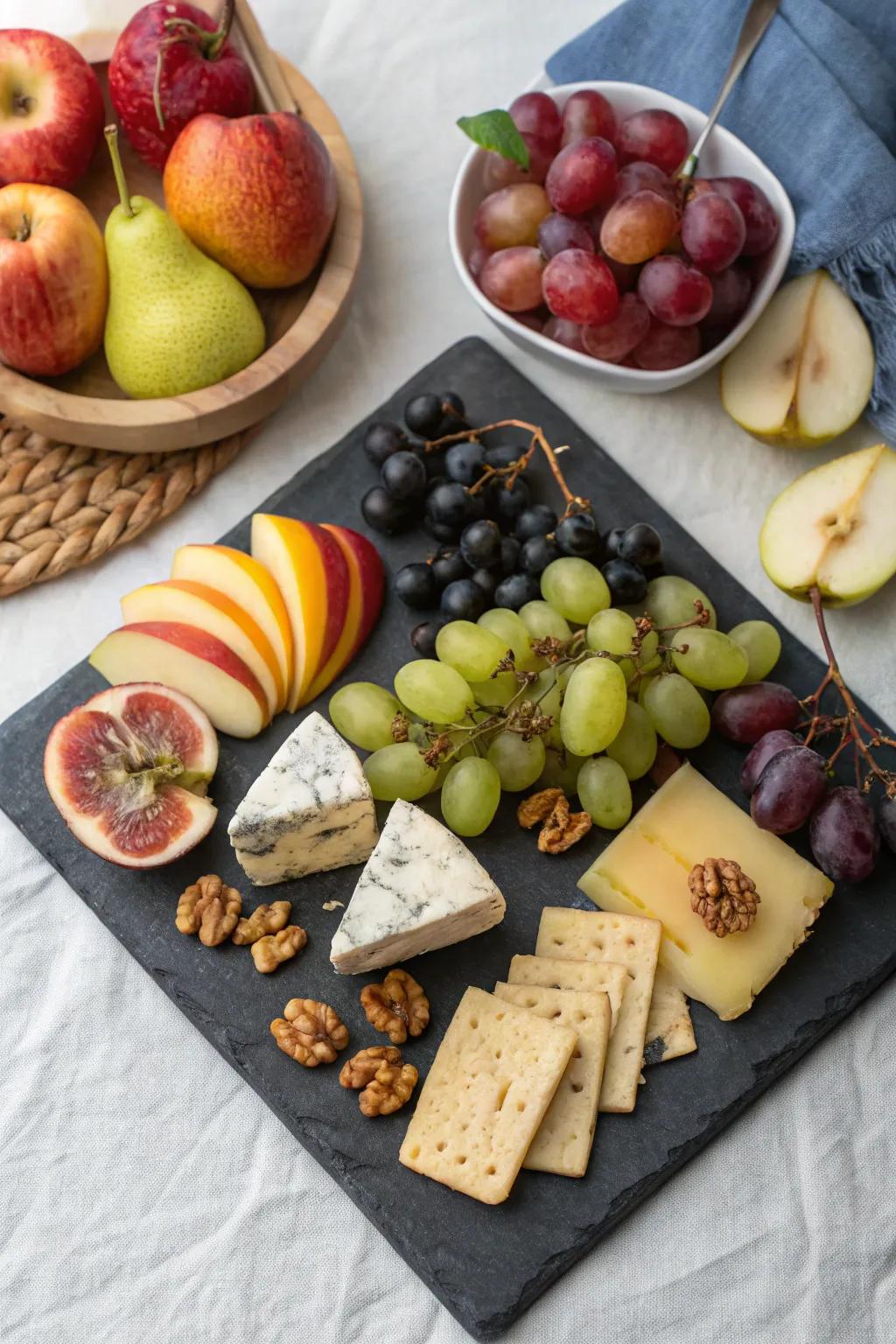 A harmonious blend of fruits and cheeses imparting a sophisticated impression.