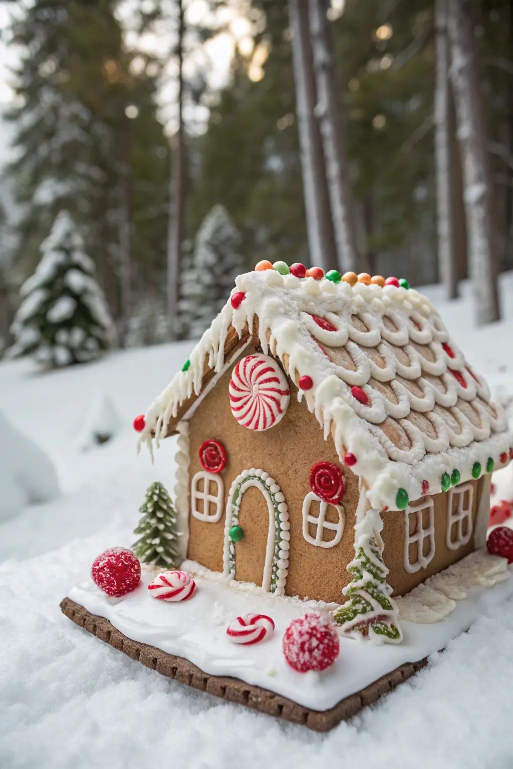 A gingerbread house characterized by a whimsical contortion
