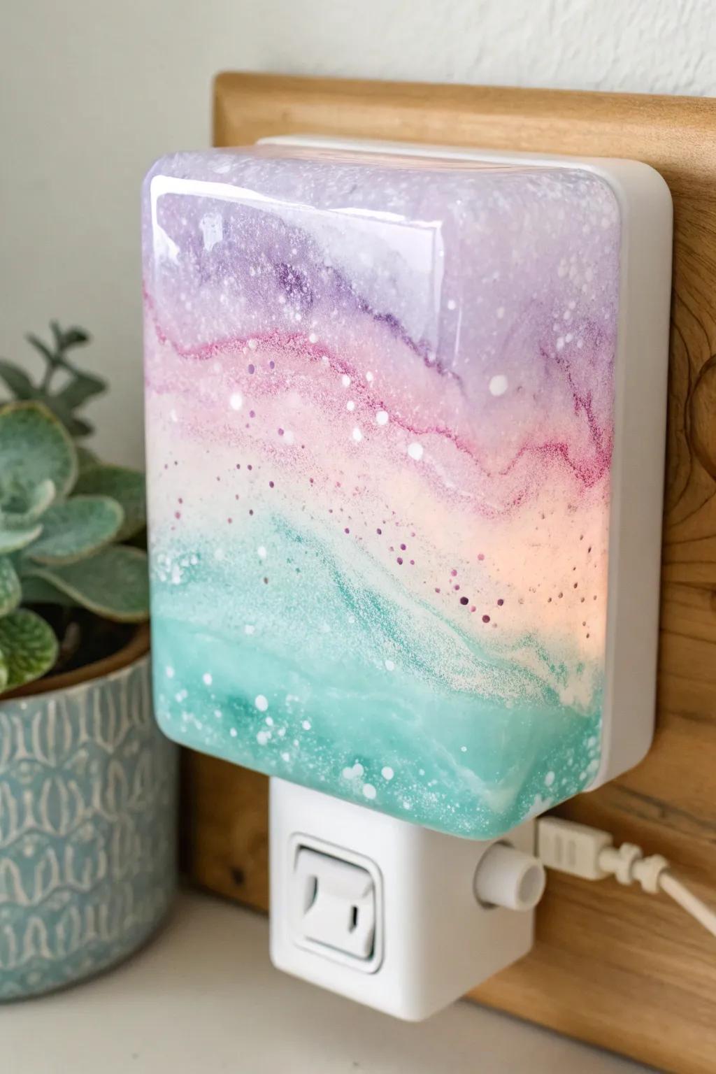 Illuminate your dreams using a watercolor-inspired fused glass night light, capturing the essence of minimalist sophistication and boho charm.