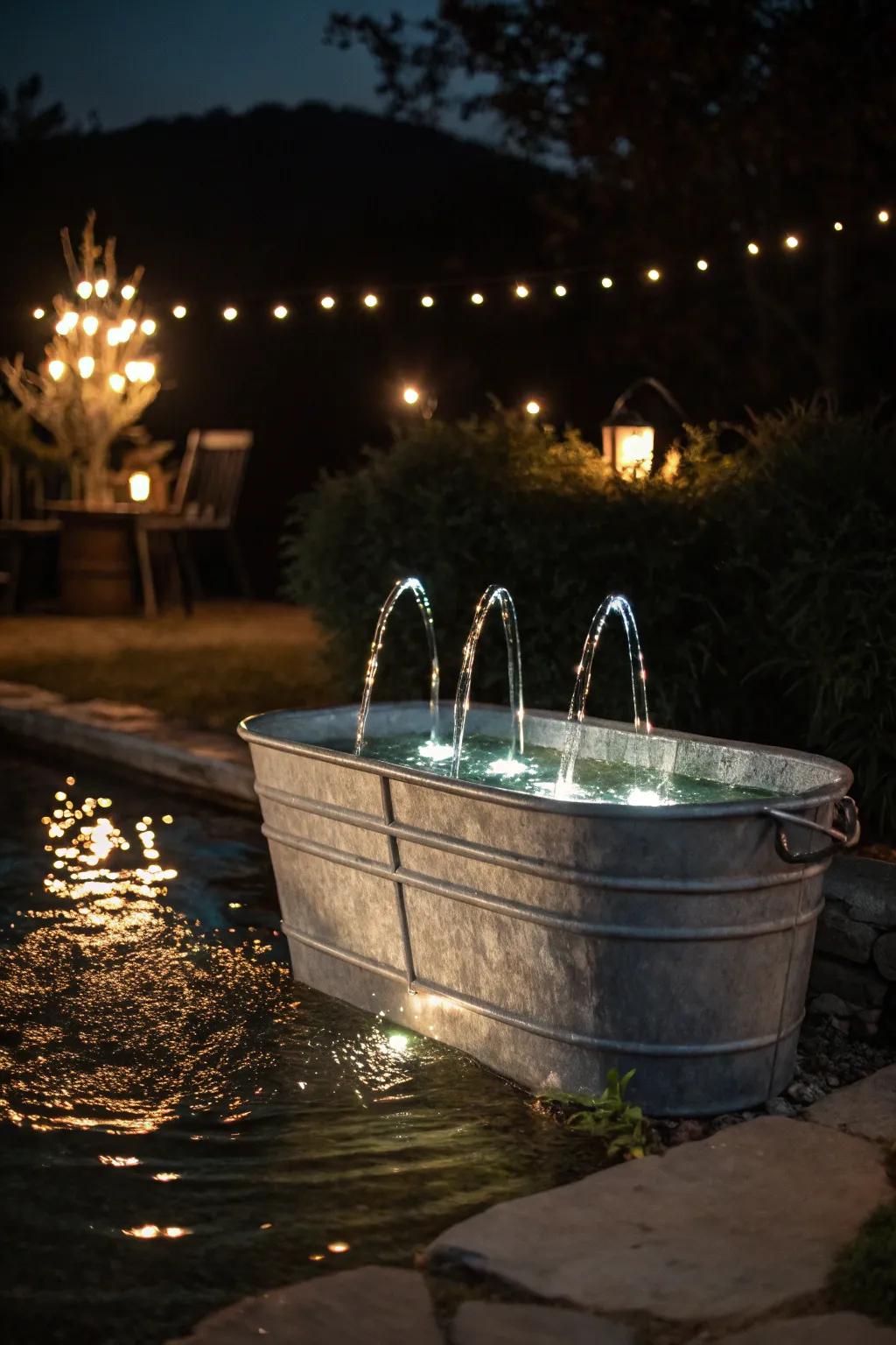 Submersible LED lights illuminating a container fountain at night.